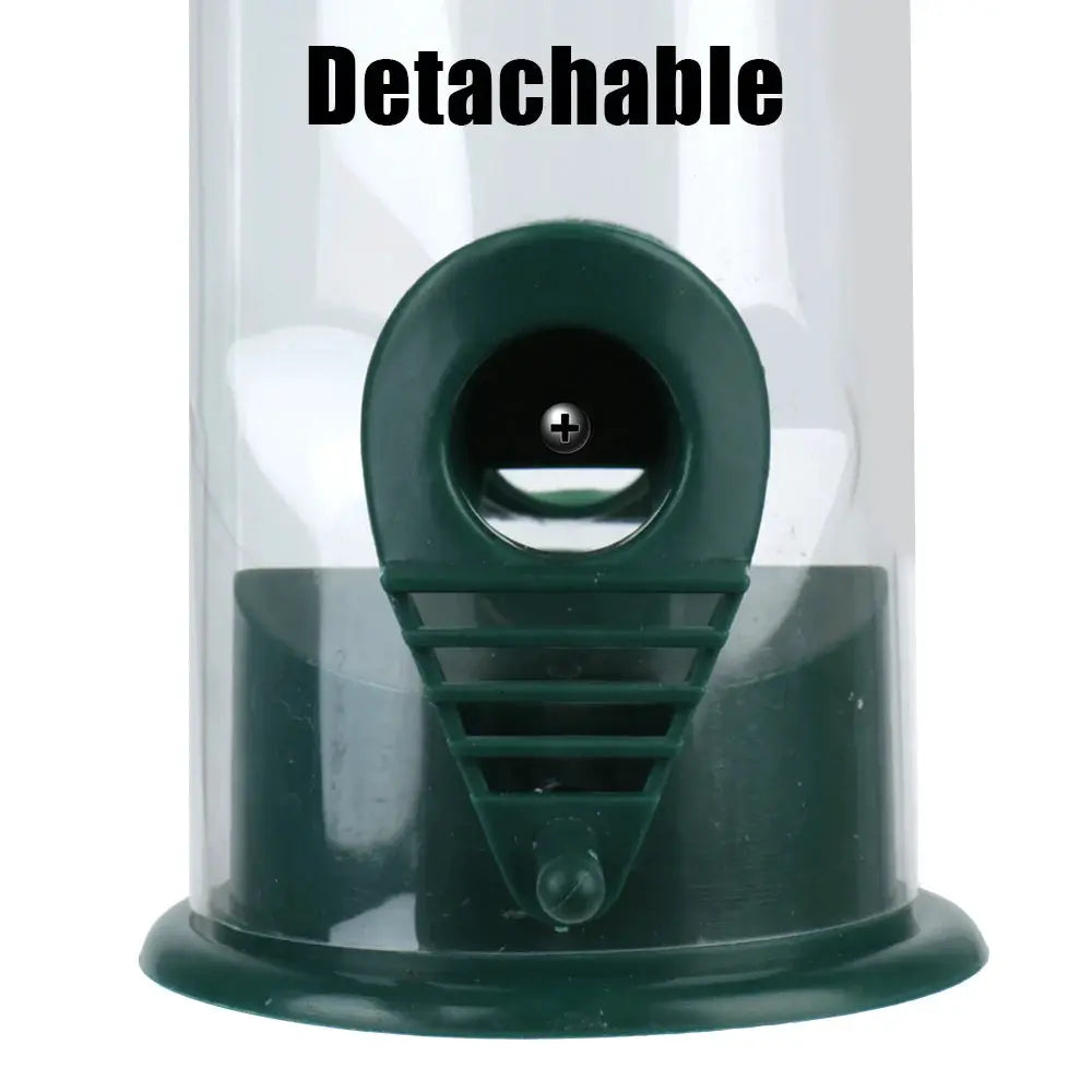 Hanging green plastic bird feeder with seed tray and perch