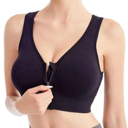 Women's front-zip seamless sports bra, black, breathable, no-underwire for running workouts