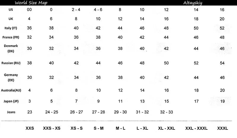 Women's shirts size guide showing international size conversions (US, UK, EU, AU, JP) and jeans sizes