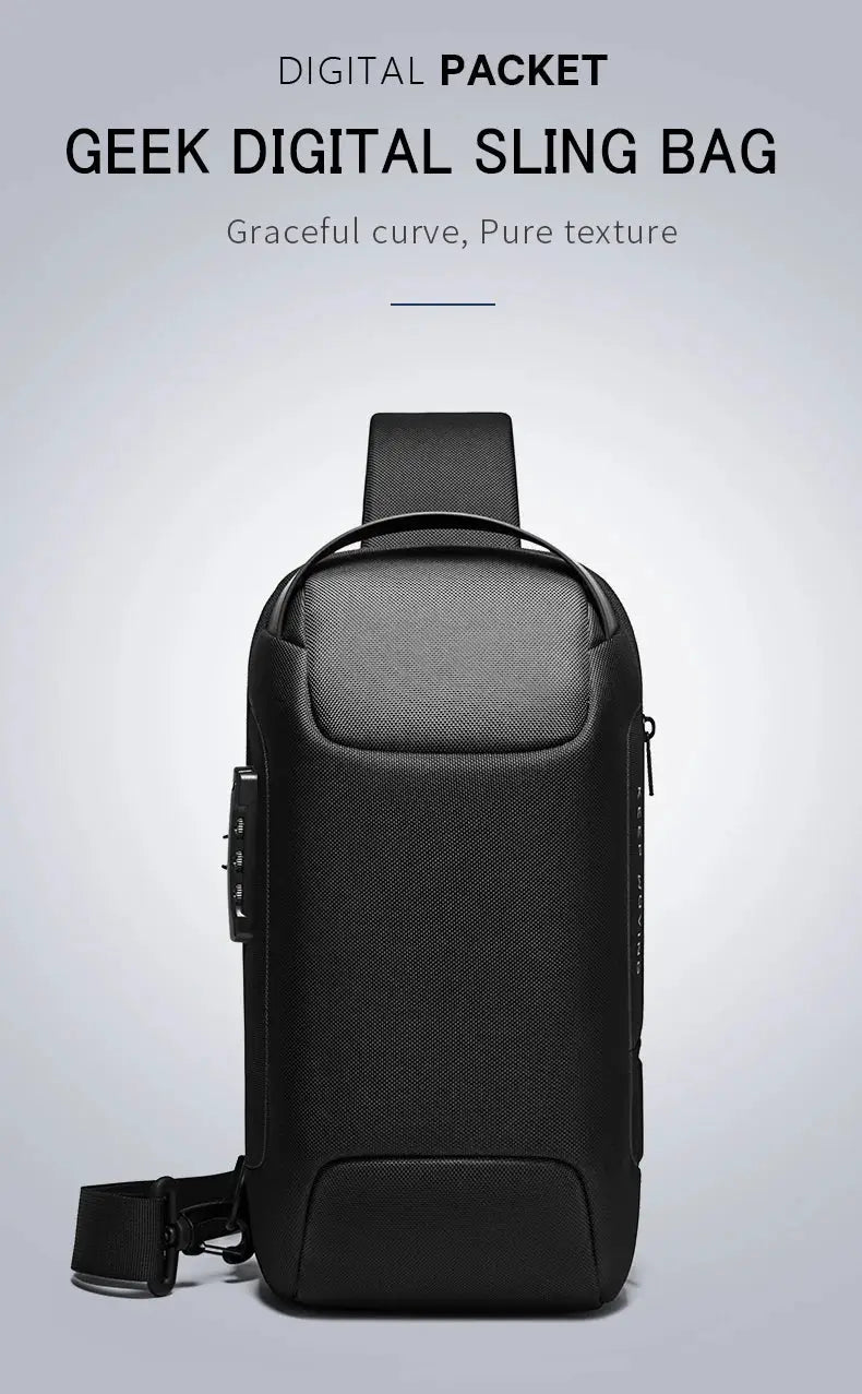 Geek digital sling bag in black with textured fabric for crossbody travel