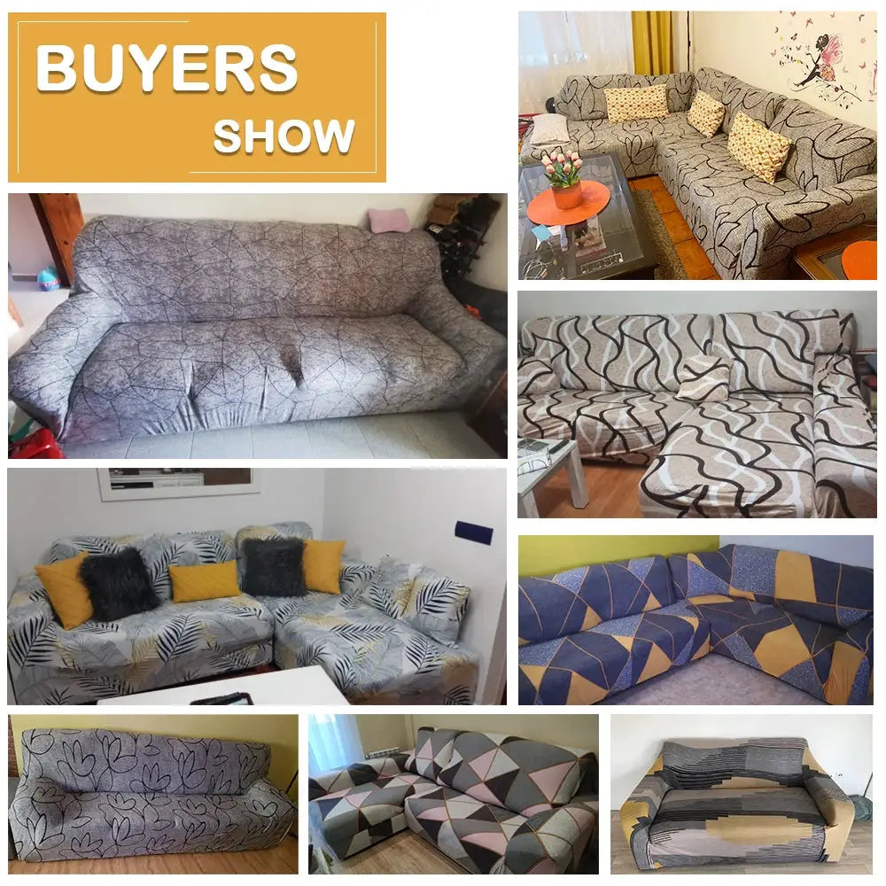 Sofa cover by Simples Market; 9-image collage of stretch printed slipcovers for 1–4 seat L-shaped and standard couches in grey geometric patterns