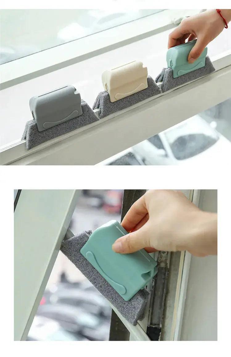 Groove cleaning brush set for window slots; includes 3 microfiber cloth heads in gray, beige, and turquoise.