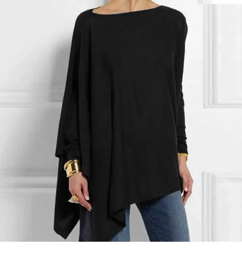 Cotton irregular women's black blouse with long sleeves and asymmetrical hem, Simples Market