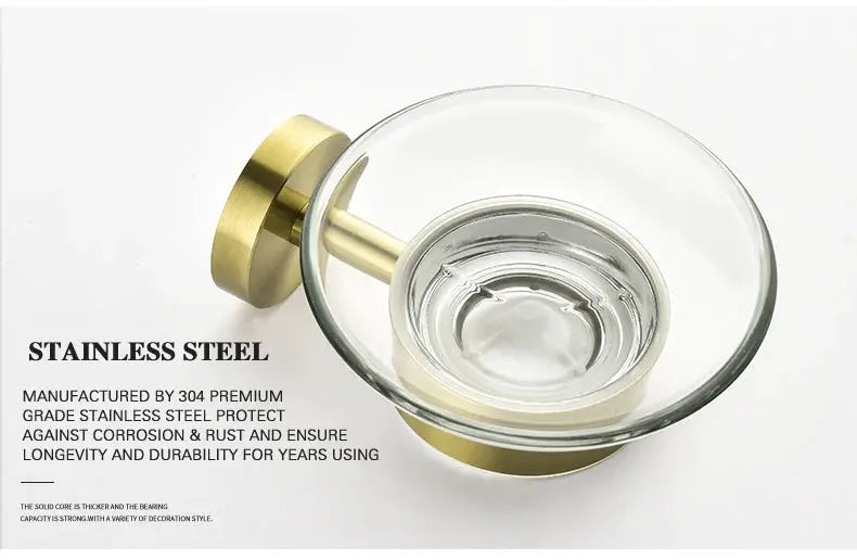 Brushed gold wall-mounted glass soap dish holder, stainless steel bathroom accessory