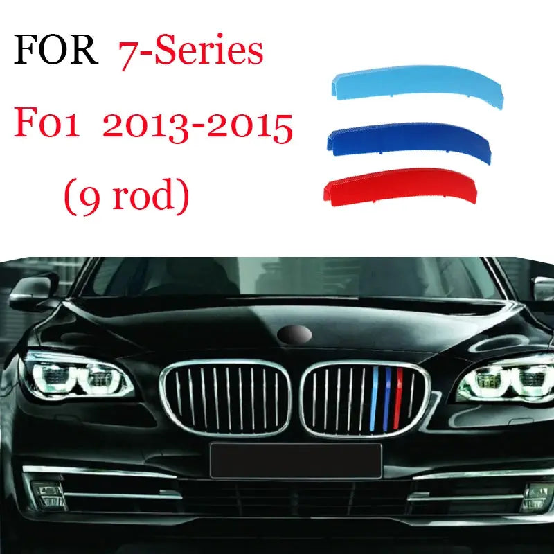 3-piece BMW front grille trim strips in blue, dark blue and red