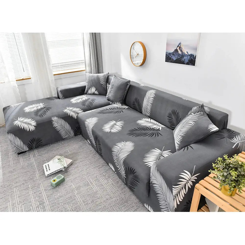 Sofa cover for L-shaped sectional, gray with white palm-leaf print, elastic stretch slipcover by Simples Market