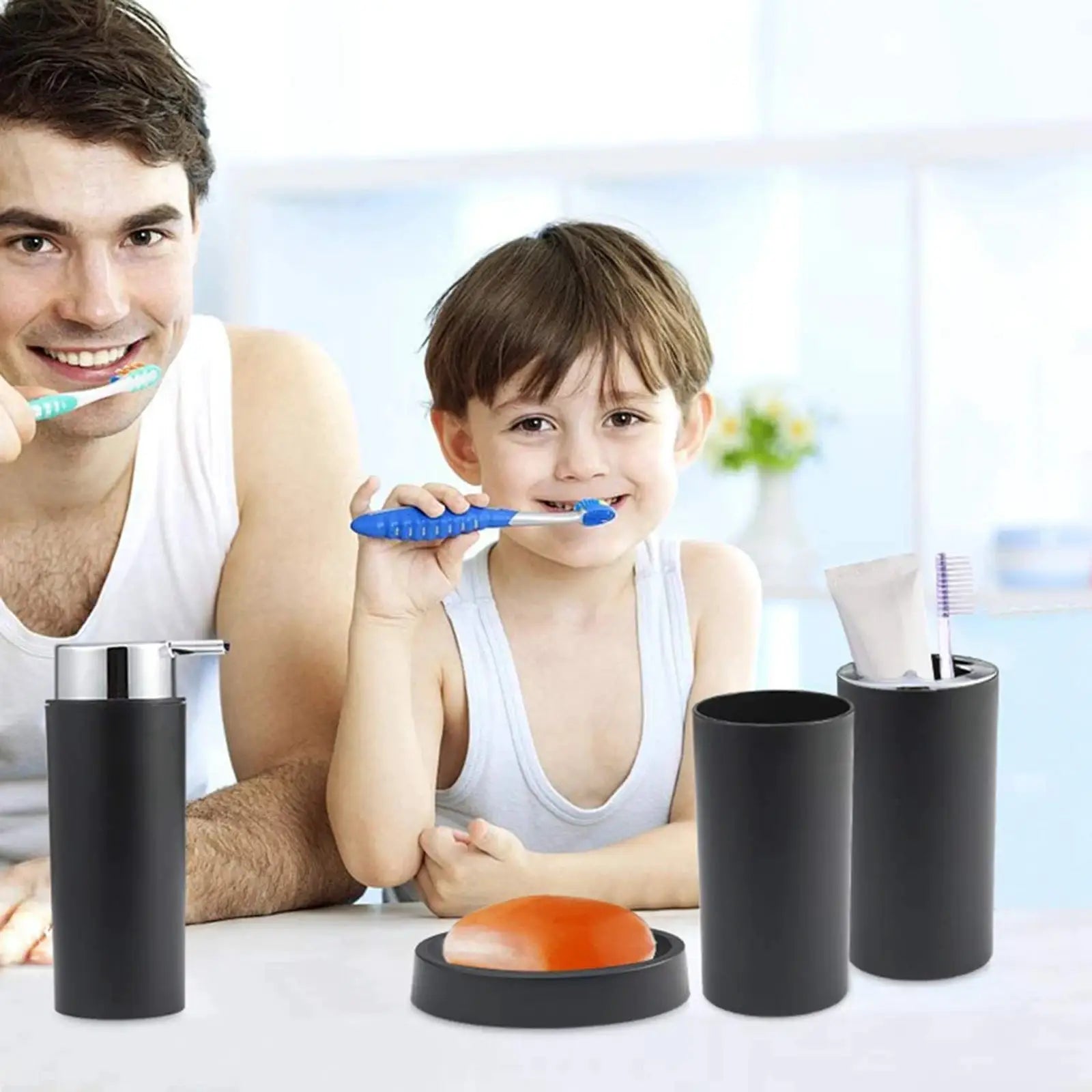 Simples Market 6pc black bathroom accessories set with toothbrush holder, toilet brush holder, lotion dispenser, soap dish and trash can.