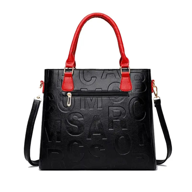PU leather crossbody tote bag, black with red top handles, detachable strap and embossed letters