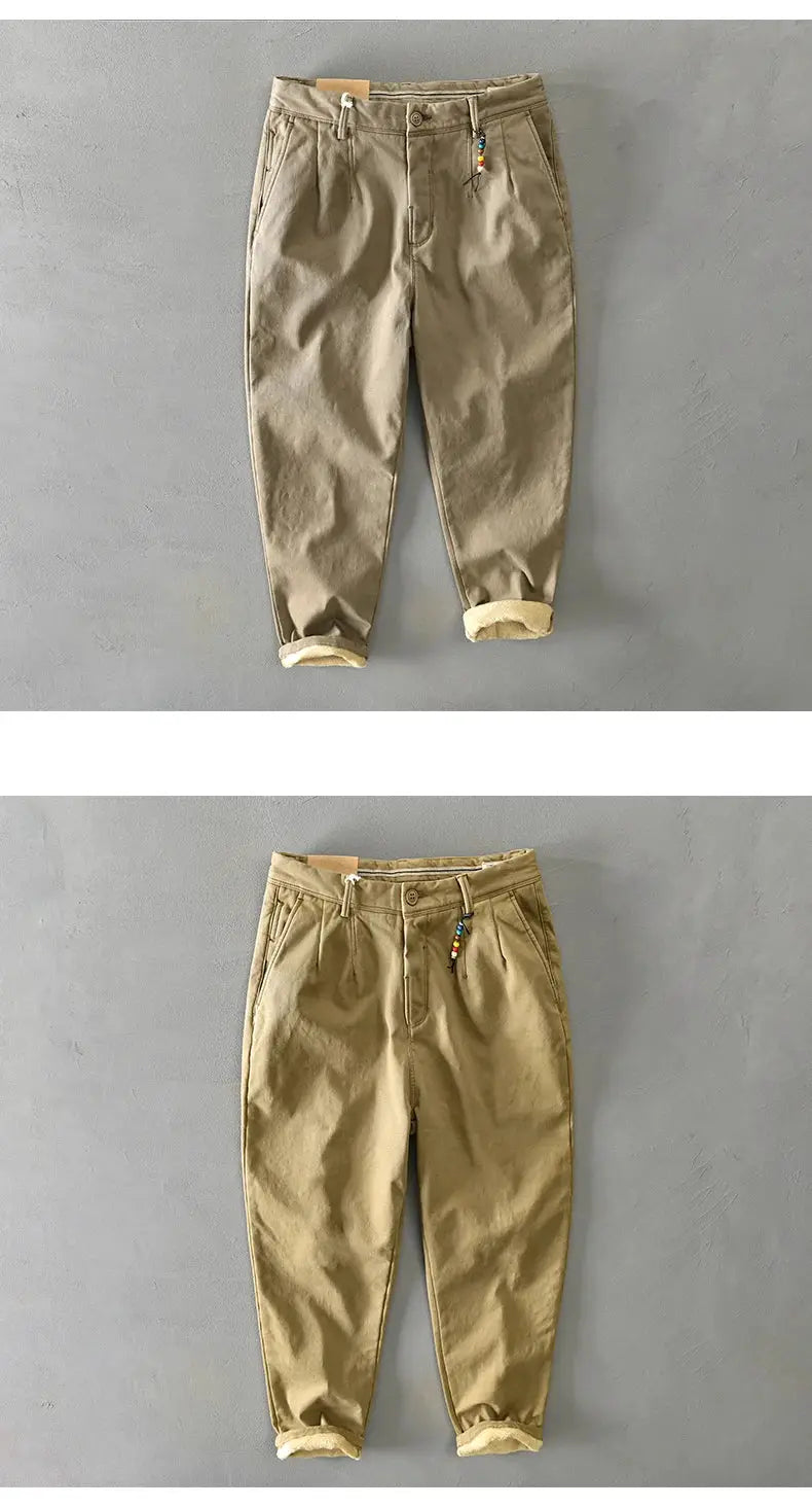HIQOR 2025 men's winter cotton pants, two loose safari-style pairs with pockets in khaki and army green