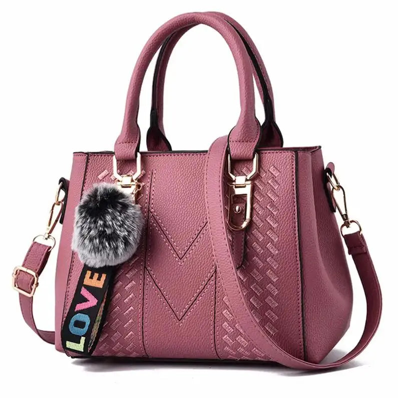 NovaLuxe PU Leather Messenger Bag For Women With Fur Ball Accent And Secure Zipper Closure