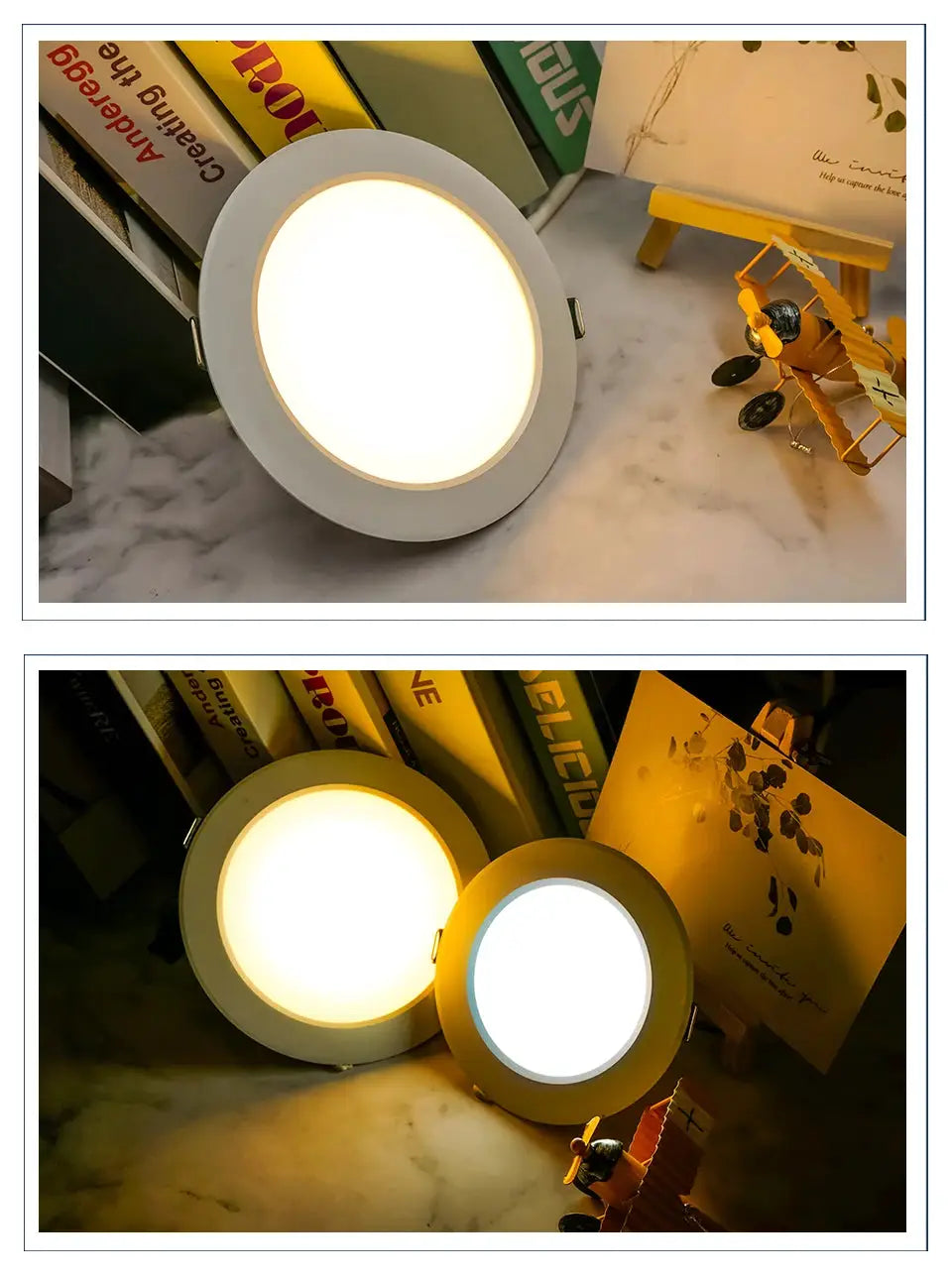 Round LED downlight panel; recessed ceiling light with warm and cool white finishes, 3W–15W variants