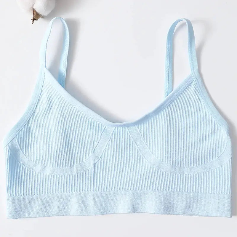 Light blue seamless ribbed U-back bralette with thin straps; wireless, no-pads daily wear bra.