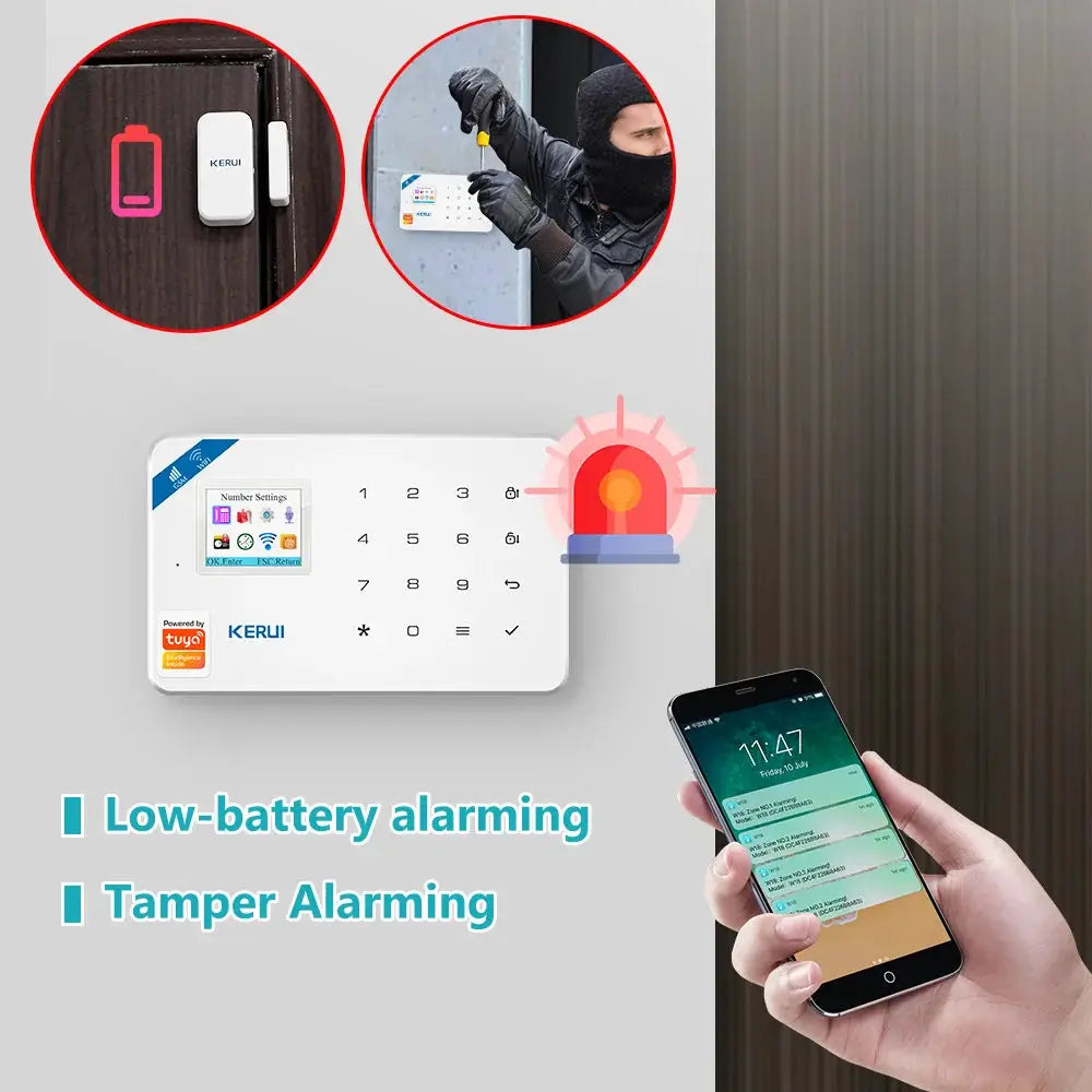 KERUI W184 alarm system keypad white with door contact and motion sensor, 4G/WiFi, Tuya app control, Simples Market