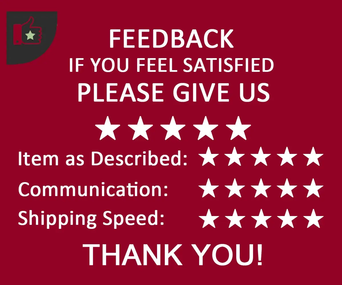 Feedback banner on burgundy background with a thumbs-up icon, five-star rating rows, and THANK YOU message.
