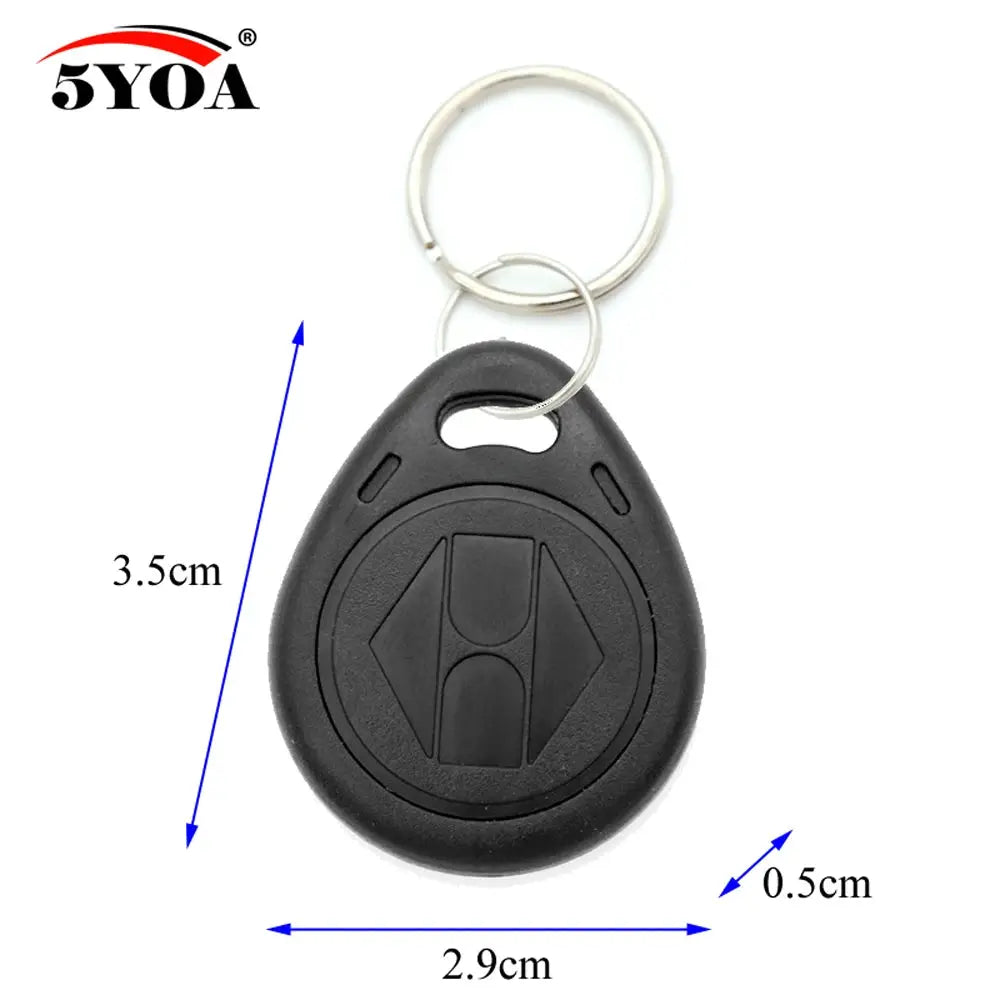 5YOA EM4305 125KHz black oval keyfob RFID tag with metal ring, 2.9×3.5 cm, 0.5 cm thick
