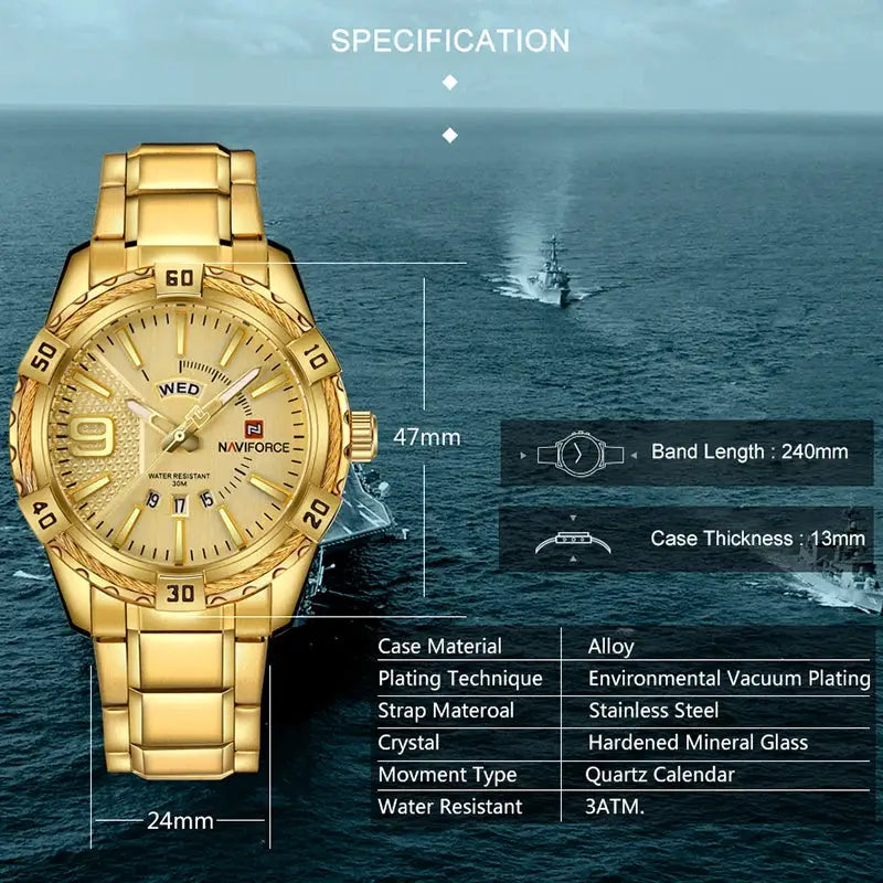 NAVIFORCE gold-tone men's wristwatch with stainless steel band, date display, 3ATM water resistant