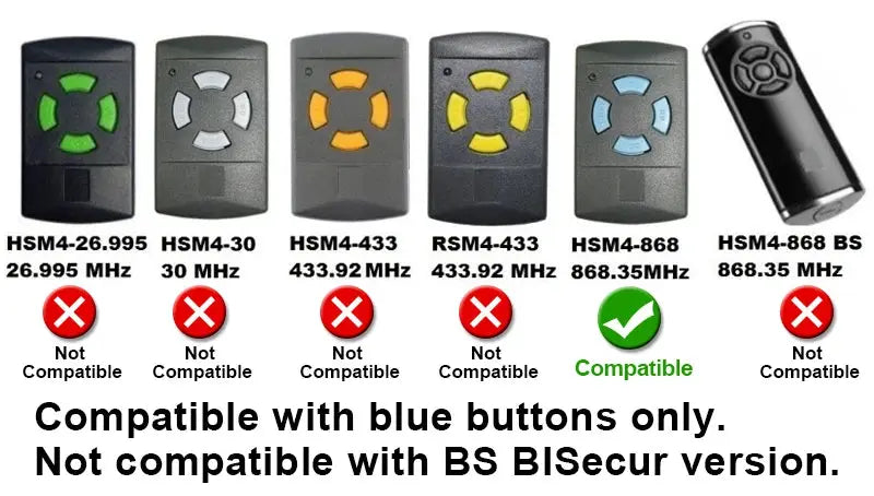Simples Market HSM4 garage door remote set; six remotes across 26.995–868.35MHz with blue-button model compatible.