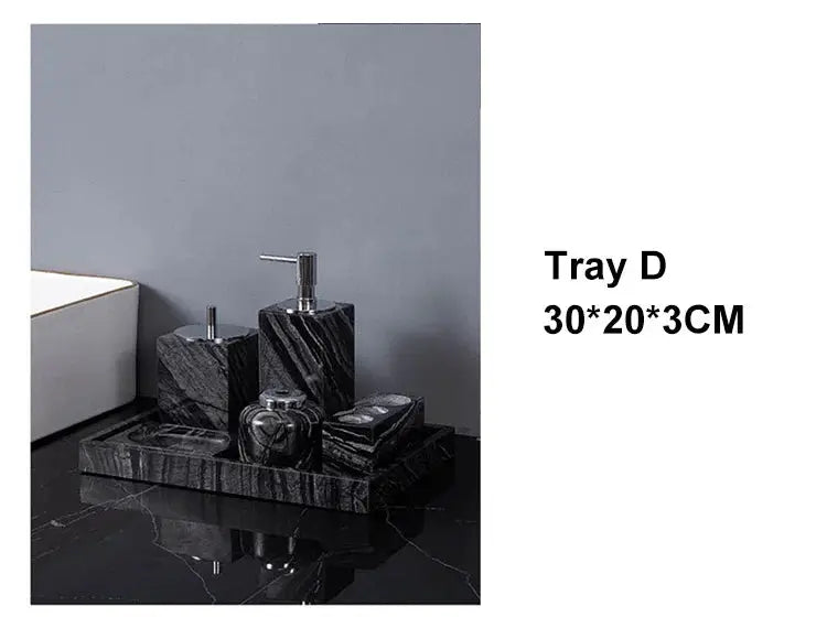 Ancient wood-grain natural marble bathroom set on a tray by Simples Market, includes soap dispenser and holder.