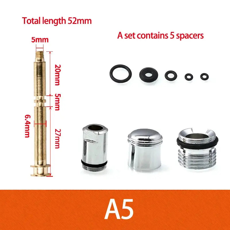 Shower faucet repair kit with brass pull rod and chrome valve caps, includes 5 spacers