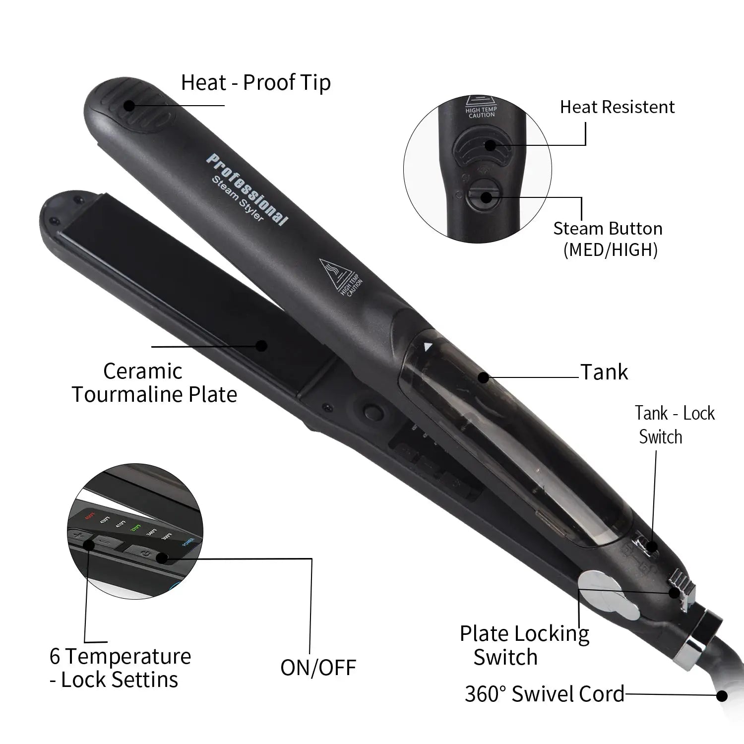 Simples Market steam hair straightener with ceramic tourmaline plates and 450°F heat