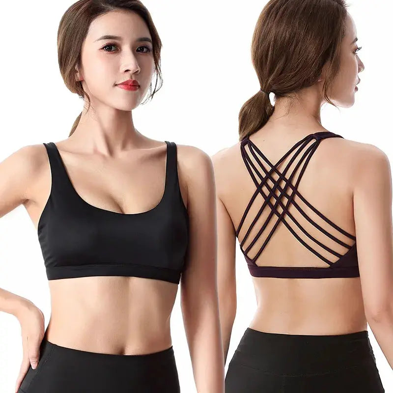Fitness sports bra for women from Simples Market, black, front and back views showing a cross-back strap design.