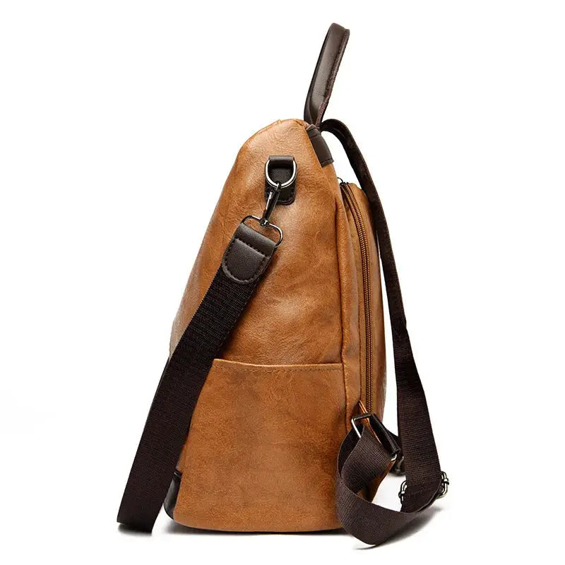 Backpack brown PU leather anti-theft for women with adjustable large-capacity shoulder strap