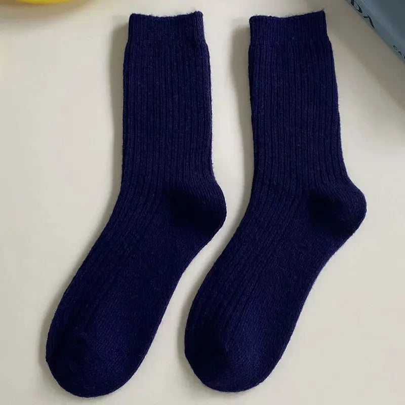 CHAOZHU Thick Warm Merino Wool Rib Socks For Women Solid Colors Loose Fit Japanese Korea Fashion Winter