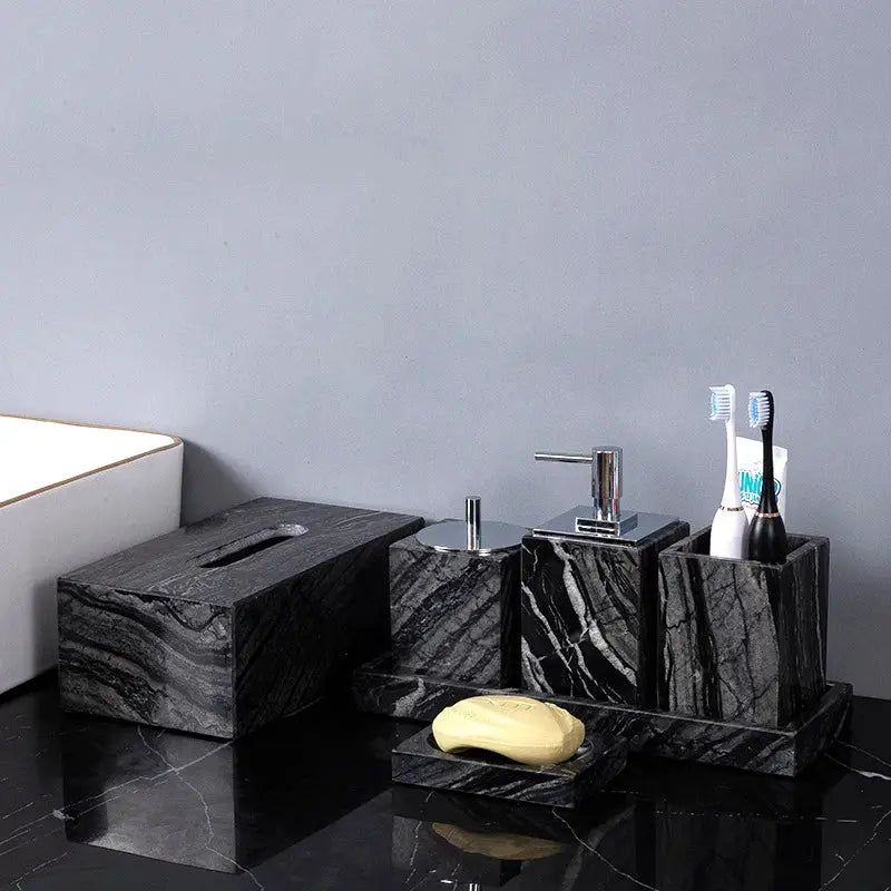 Simples Market black wood-grain natural marble bathroom set with soap dispenser, toothbrush holder, tissue box, and tray