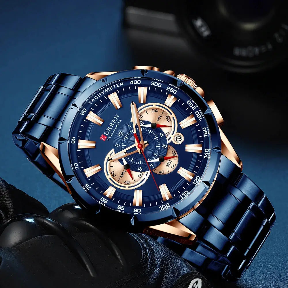 Relogio masculino Curren Chronograph em aço inox azul com pulseira azul e detalhes dourados