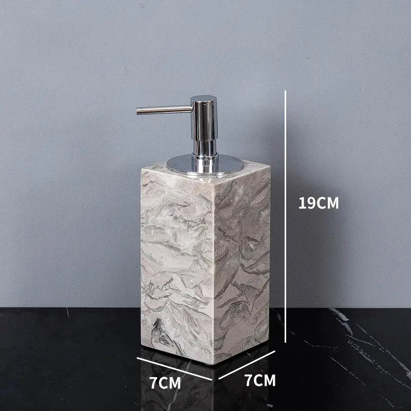 Bathroom marble-pattern liquid soap dispenser with chrome pump; gray stone look, 19 cm tall