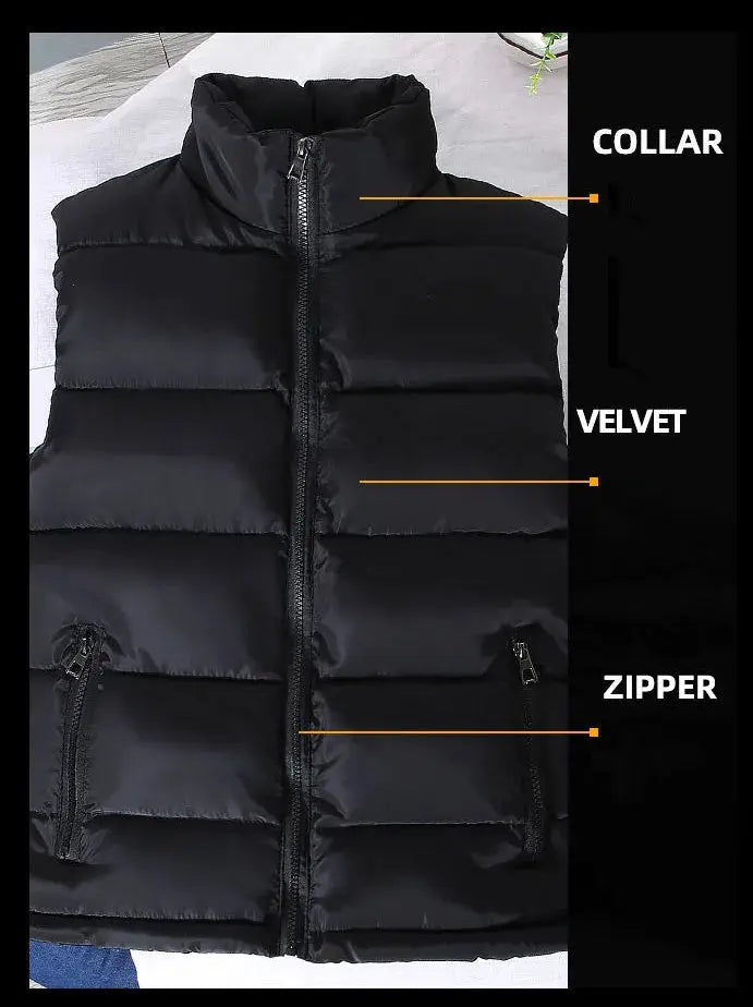 Men's black sleeveless puffer vest with stand collar, front zipper and zip pockets