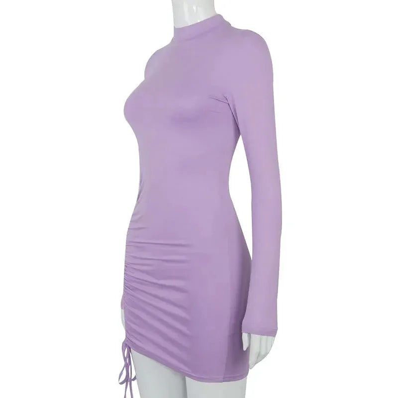 Long Sleeve Ruched Bodycon Dress For Women Turtleneck Black Bandage