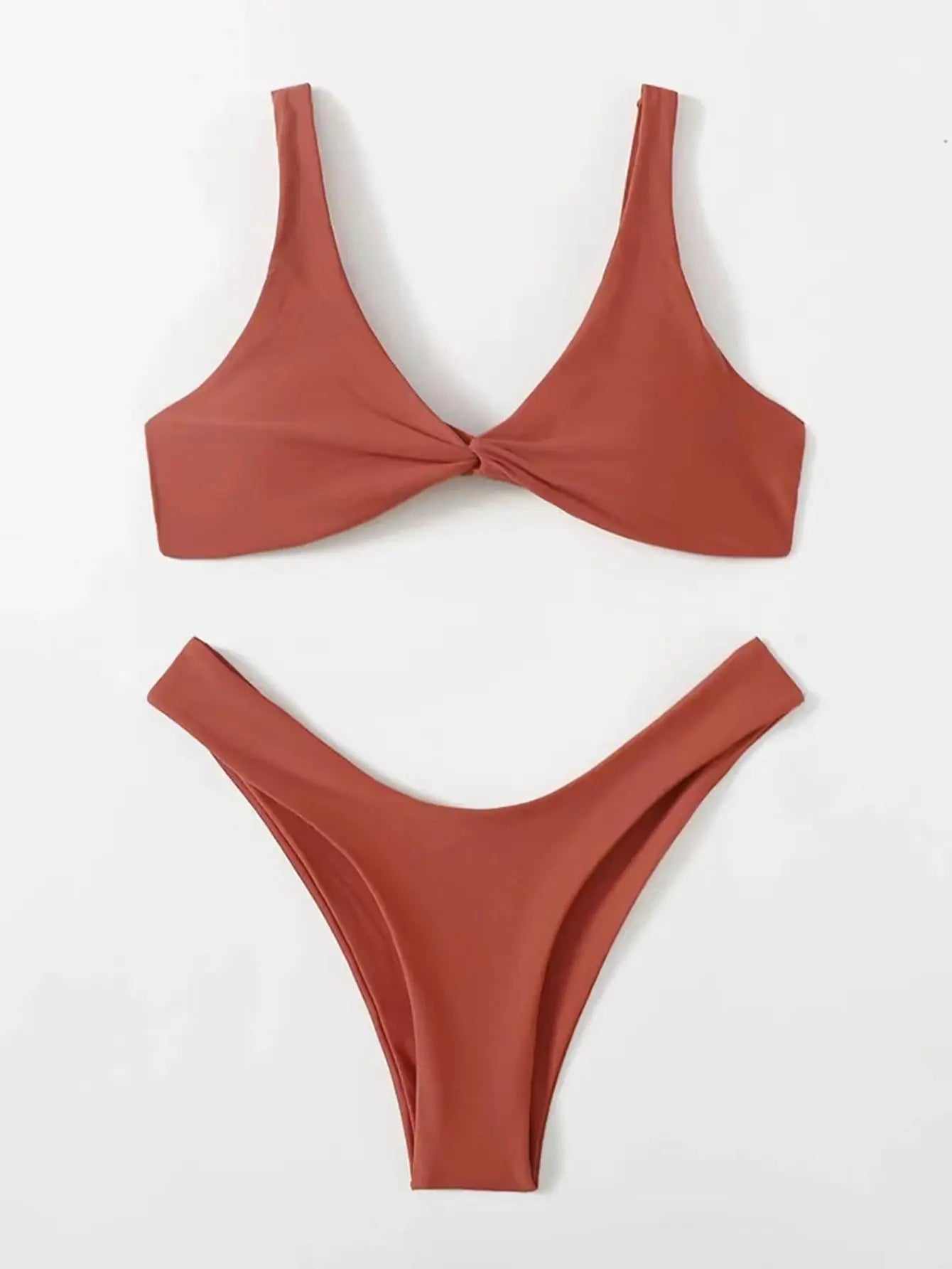 Simples Market rust-colored solid bikini set with twist-front padded top and high-leg bottoms