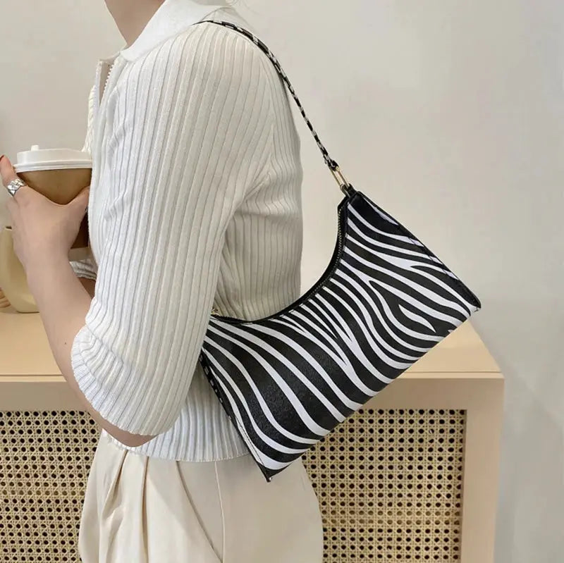 Shoulder bag for women zebra print PU leather with black-and-white stripes