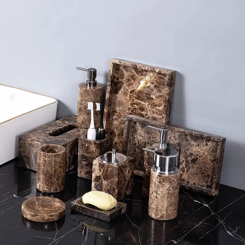 Emperador Dark marble bathroom set with toothbrush holder, soap dispenser and soap dish