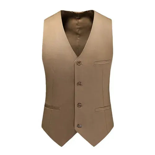 Simples Market men's beige vest waistcoat with V-neck, button-front and welt pockets