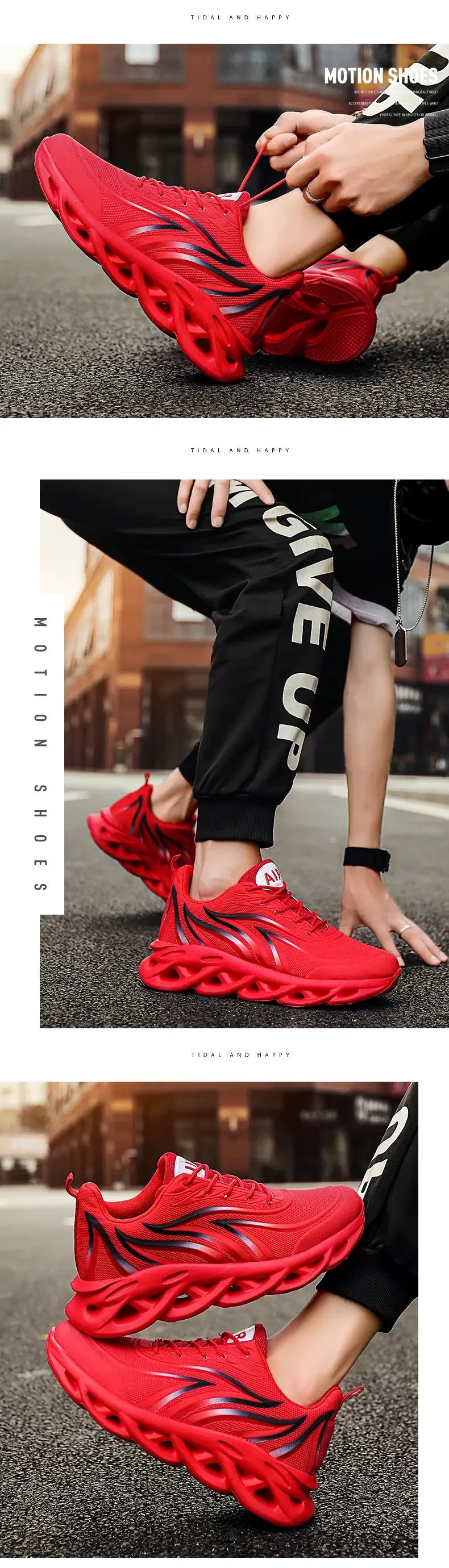 Men's red mesh running shoes with breathable upper and sculpted hollow outsole.
