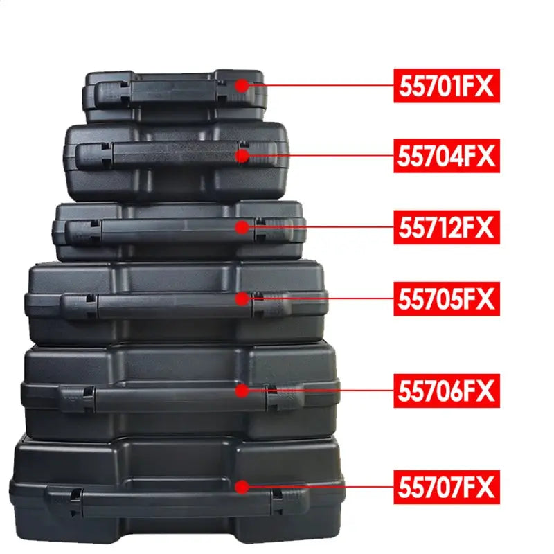 Six black plastic tool boxes stacked; portable hardware cases with red model labels
