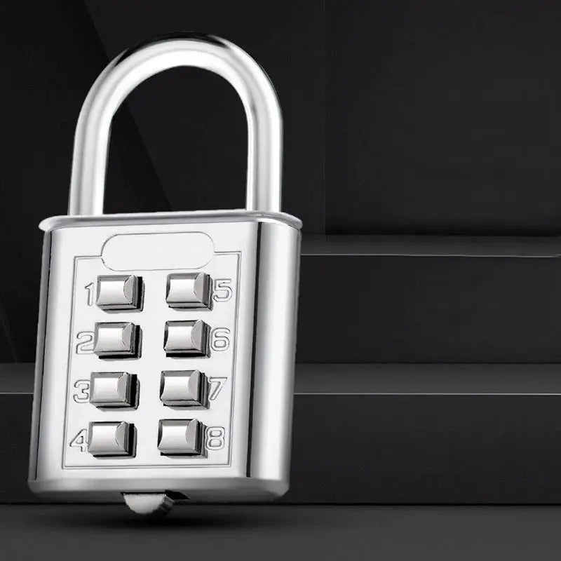 Silver zinc-alloy padlock with 8-digit keypad for luggage travel security.