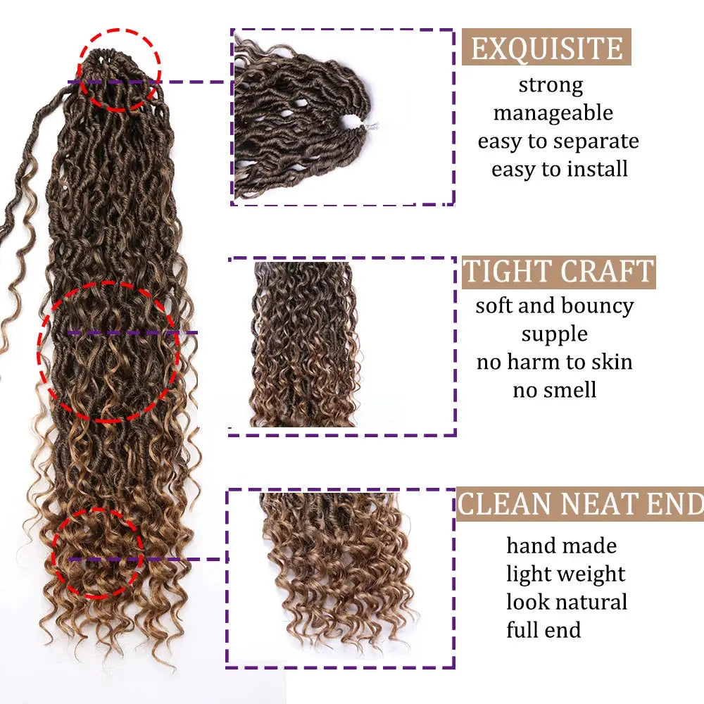 Synthetic Goddess Locs crochet hair extensions; long curly faux locs in black-brown boho style