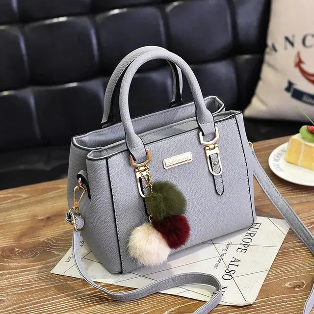 Yogodlns Beading Pendant Handbag Soft PU Leather Embossed Detailing Hairball Pendants Casual Tote With Compartments