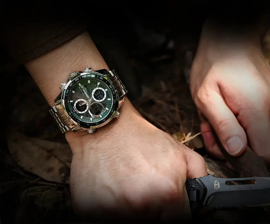 Naviforce men's stainless steel chronograph wristwatch with green dial and luminous hands