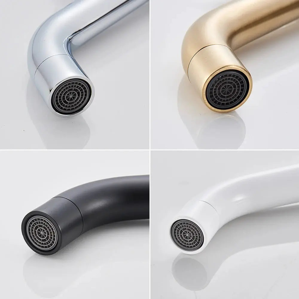 Four basin faucets in silver, brushed gold, black and white finishes for bathroom sinks.