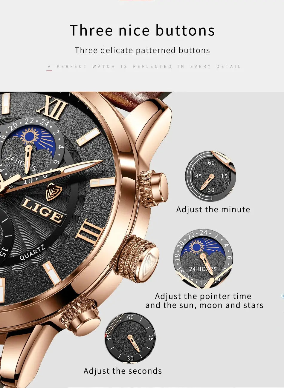 LIGE men's luxury quartz watch in rose gold with black textured dial, subdials and leather strap