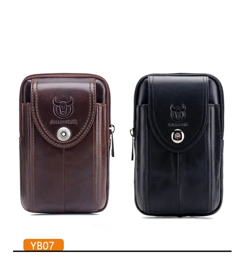 Two BULLCAPTAIN men's leather belt waist packs in brown and black with front flap and metal snap closure