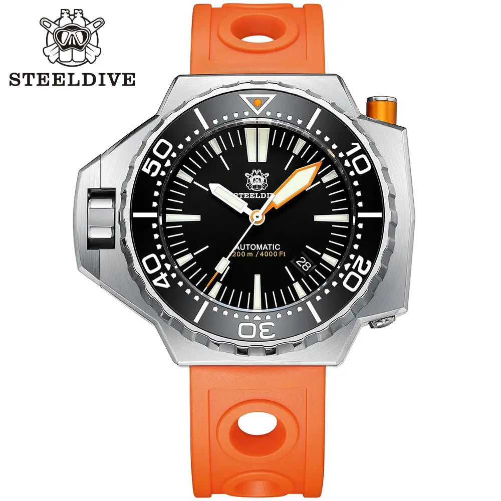 Steeldive Proplof SD1969 V3 dive watch with orange rubber strap, 56mm stainless steel case