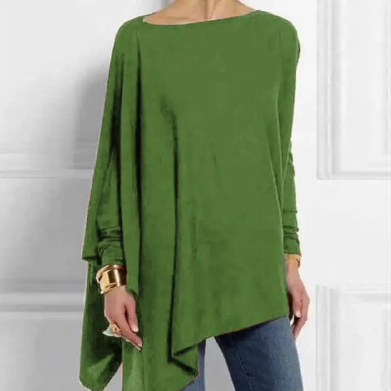 Cotton irregular women’s blouse by Simples Market in green, long sleeves with asymmetric hem.