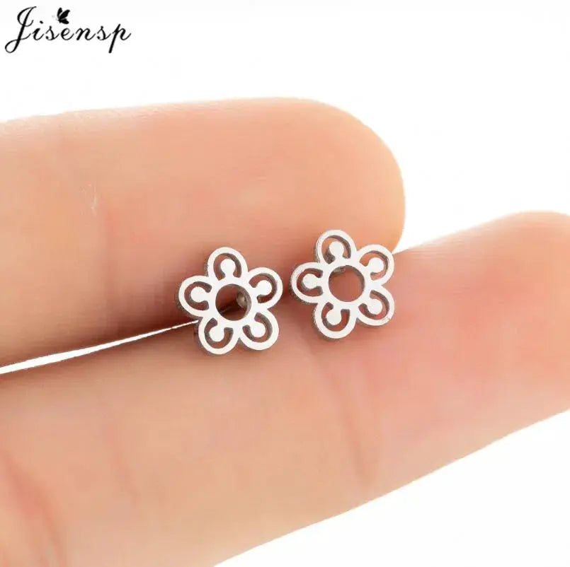 Pair of stainless steel flower-shaped stud earrings in silver tone