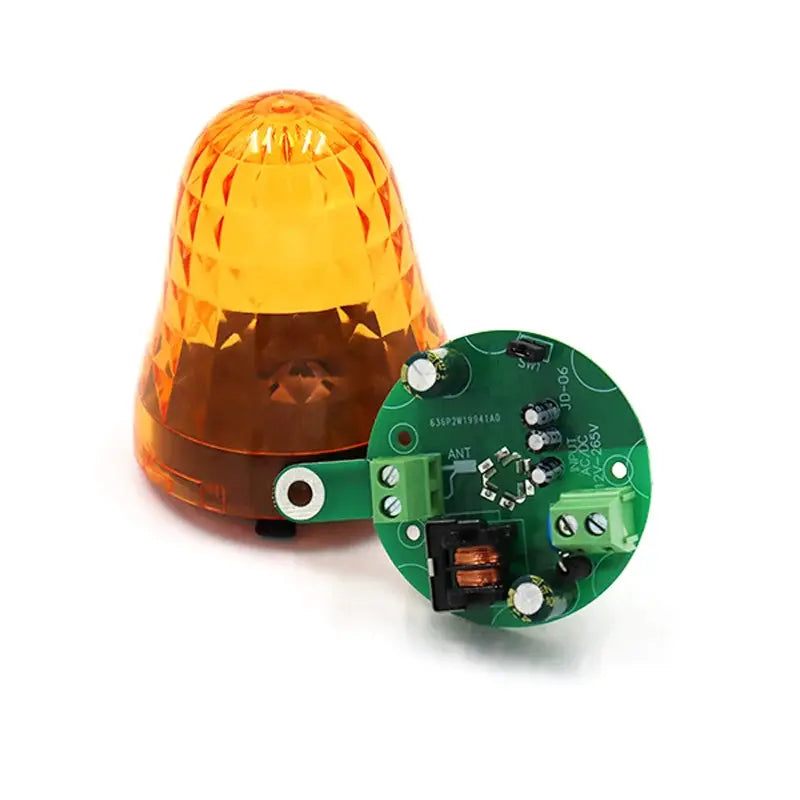 Outdoor LED signal alarm light strobe beacon by Simples Market; orange lens and green PCB.