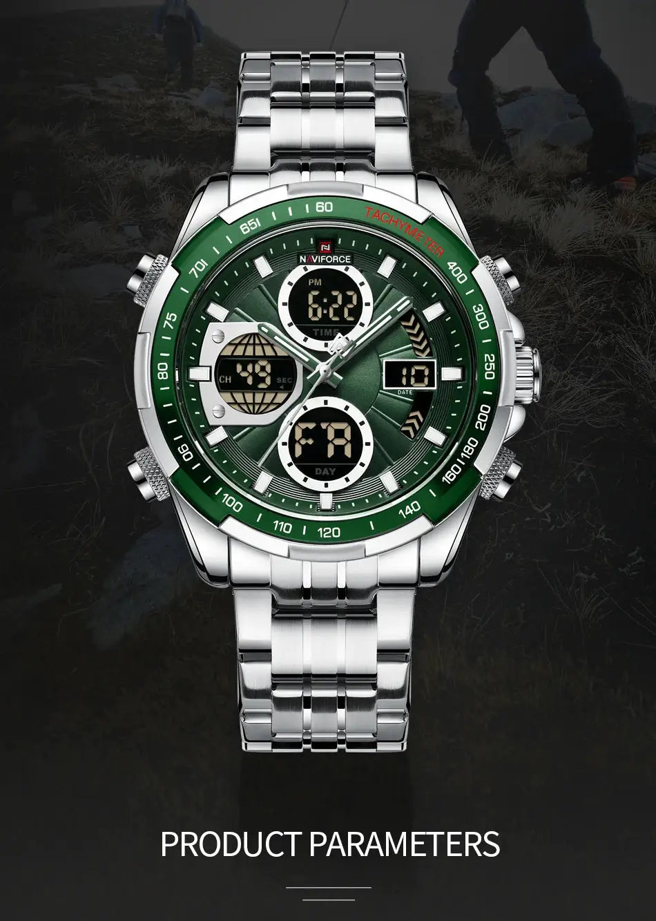 NAVIFORCE men's stainless steel sport watch with green bezel and dual digital-analog display